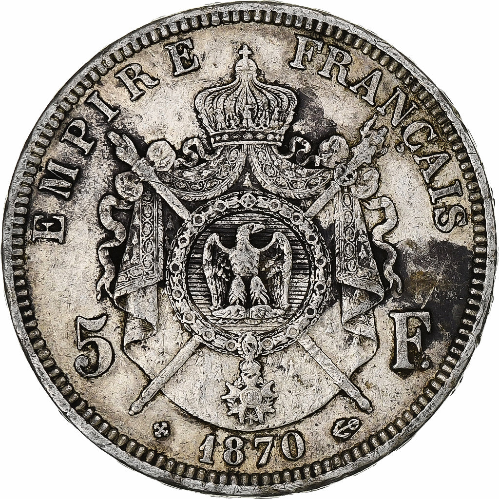 France, Napoleon III, 5 Francs, 1870, Strasbourg, Silver, EF(40-45)