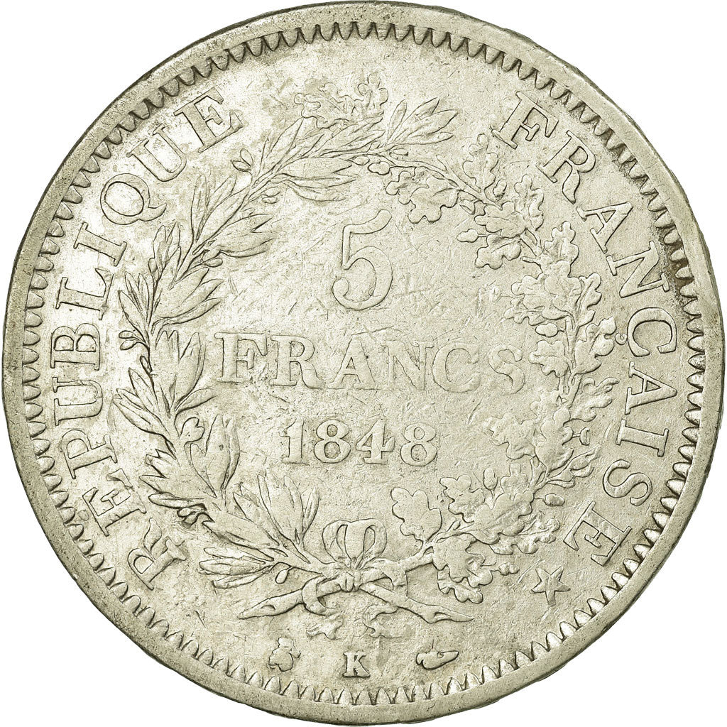 Moneta, Francja, Hercule, 5 Francs, 1848, Bordeaux, VF(30-35), Srebro