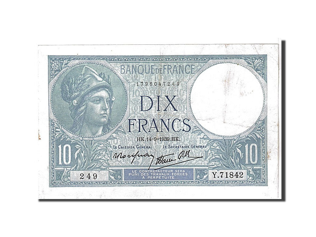 Billet, France, 10 Francs, 10 F 1916-1942 ''Minerve'', 1939, TTB, Fayette:7.7