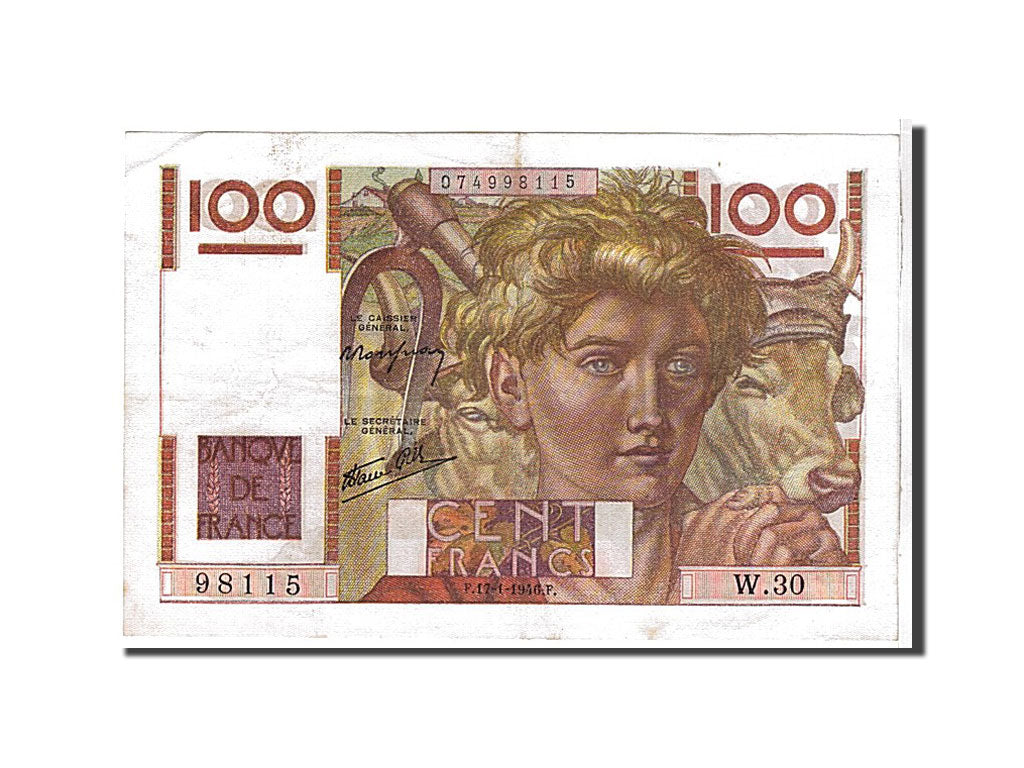 Banknote, France, 100 Francs, 100 F 1945-1954 ''Jeune Paysan'', 1946, AU(55-58)