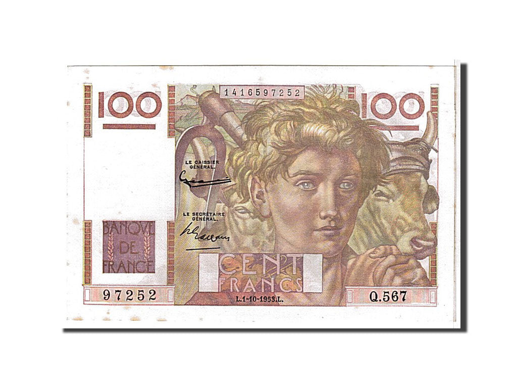 Banknote, France, 100 Francs, 100 F 1945-1954 ''Jeune Paysan'', 1953, AU(55-58)