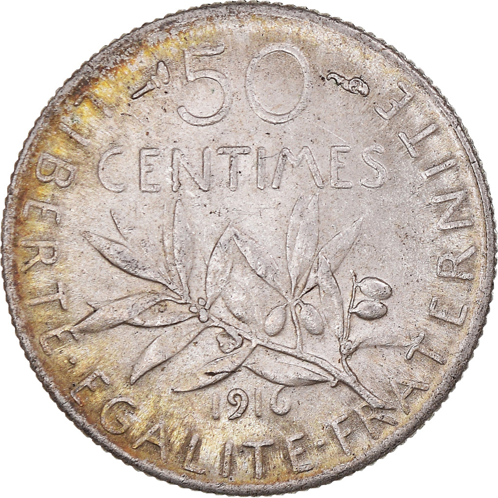 Moneta, Francia, Semeuse, 50 Centimes, 1916, Paris, MB+, Argento, KM:854