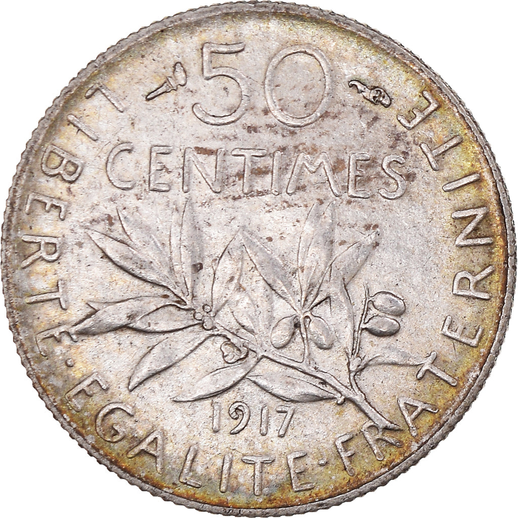 Moeda, França, Semeuse, 50 Centimes, 1917, Paris, AU(55-58), Prata, KM:854