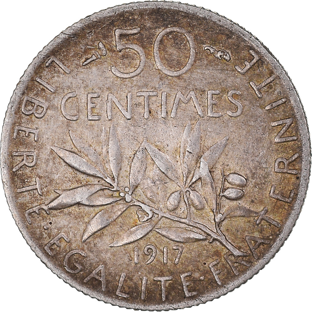 Moeda, França, Semeuse, 50 Centimes, 1917, Paris, AU(50-53), Prata, KM:854