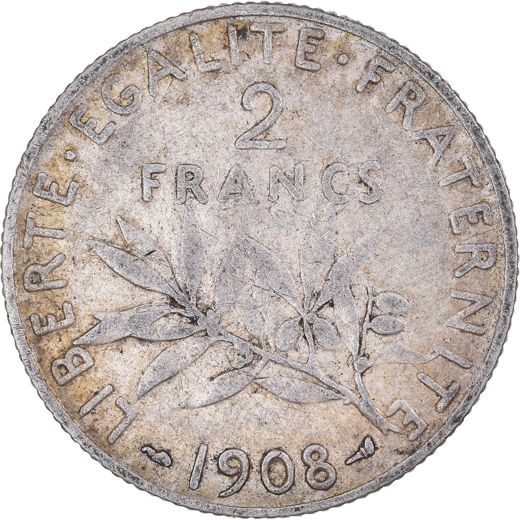 Moneda, Francia, Semeuse, 2 Francs, 1908, Paris, MBC, Plata, KM:845.1