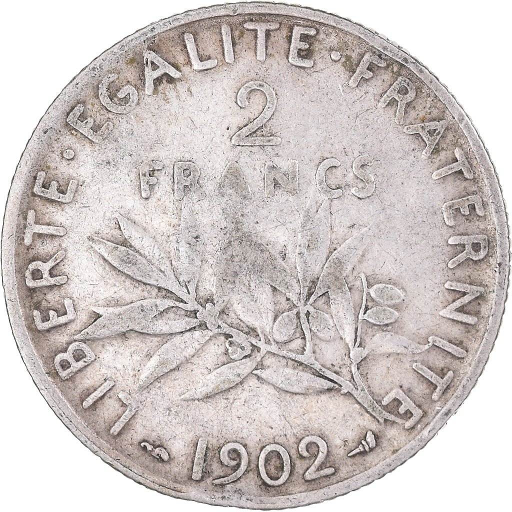 Moneda, Francia, Semeuse, 2 Francs, 1902, Paris, BC+, Plata, KM:845.1