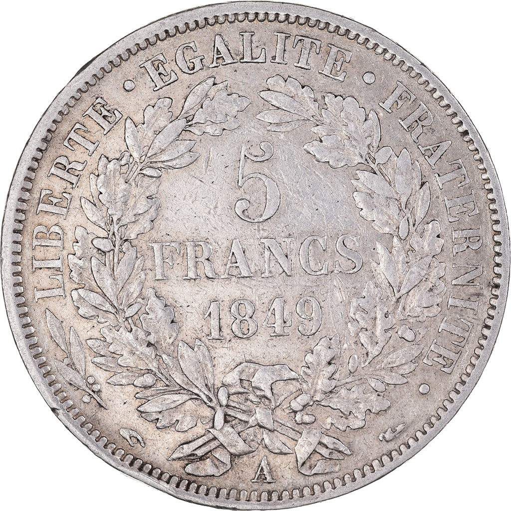 Moneda, Francia, Cérès, 5 Francs, 1849, Paris, MBC, Plata, KM:761.1