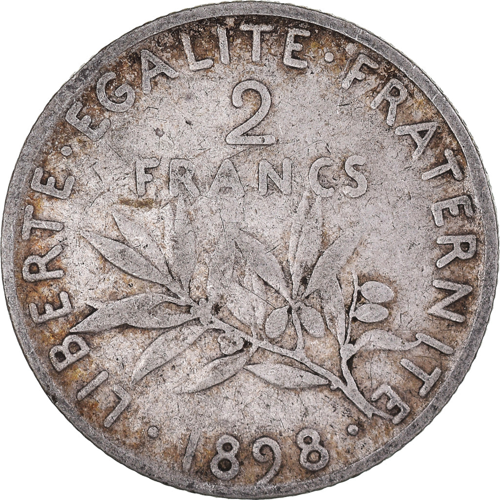Moneda, Francia, Semeuse, 2 Francs, 1898, Paris, BC+, Plata, KM:845.1