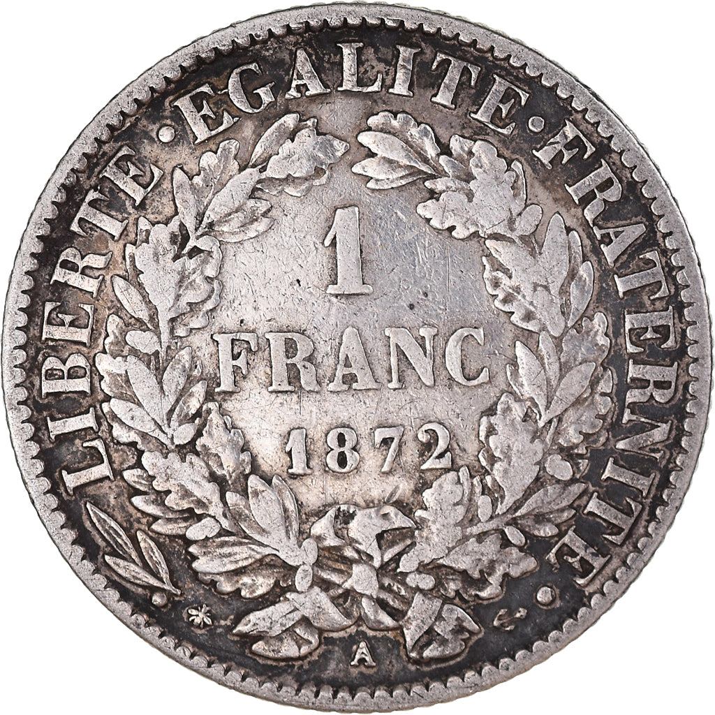 Moneda, Francia, Cérès, Franc, 1872, Paris, MBC, Plata, KM:822.1, Gadoury:465a