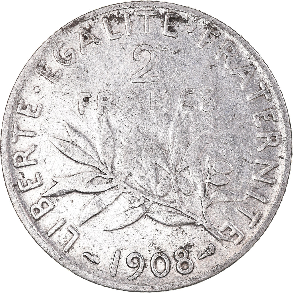 Moneda, Francia, Semeuse, 2 Francs, 1908, Paris, MBC, Plata, KM:845.1