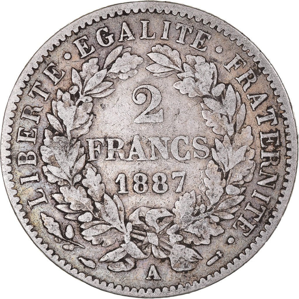 Moneta, Francia, Cérès, 2 Francs, 1887, Paris, MB+, Argento, KM:817.1