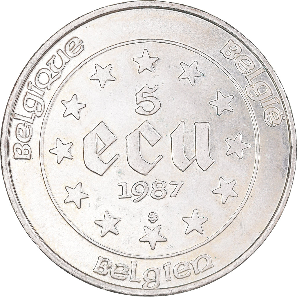 Coin, Belgium, 5 Ecu, 1987, Brussels, MS(60-62), Silver, KM:166