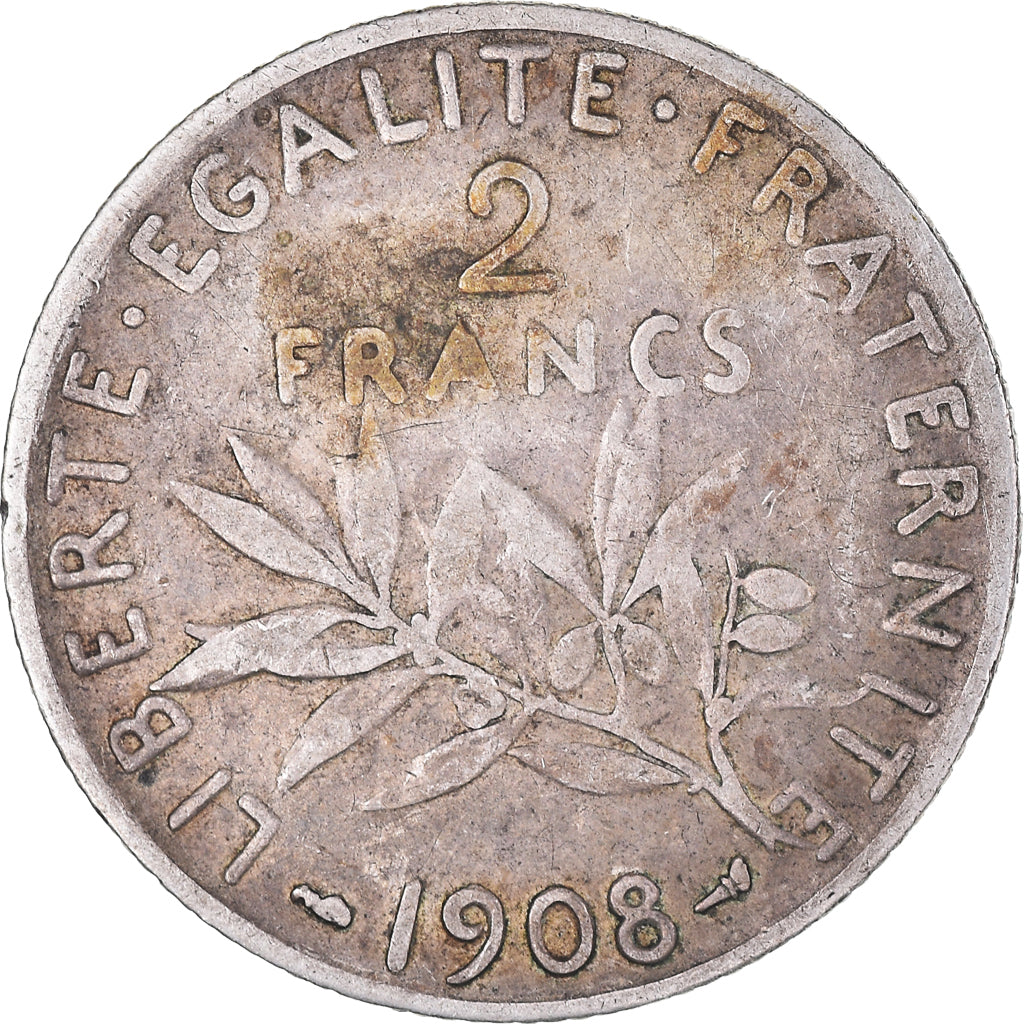 Moeda, França, Semeuse, 2 Francs, 1908, Paris, VF(30-35), Prata, KM:845.1