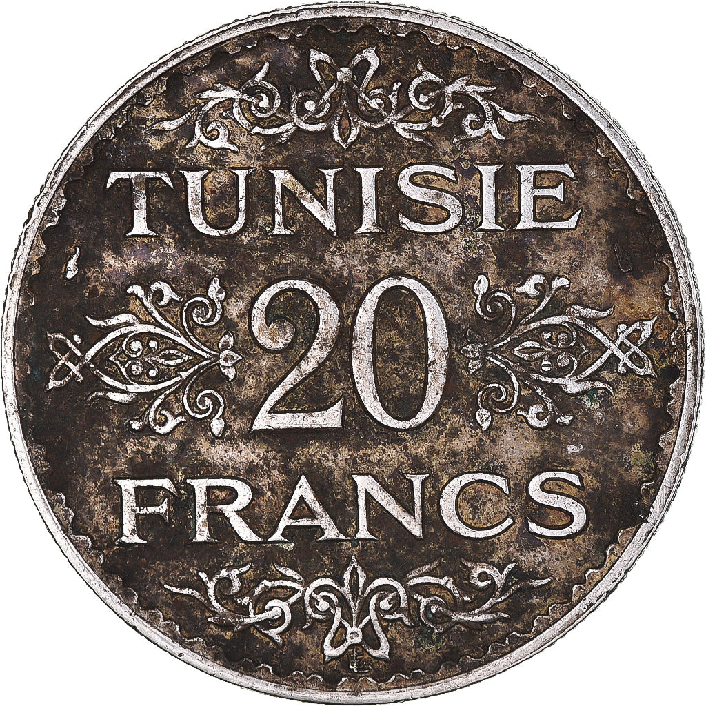 Moneda, Túnez, Ahmad Pasha Bey, 20 Francs, 1934, Paris, MBC+, Plata, KM:263