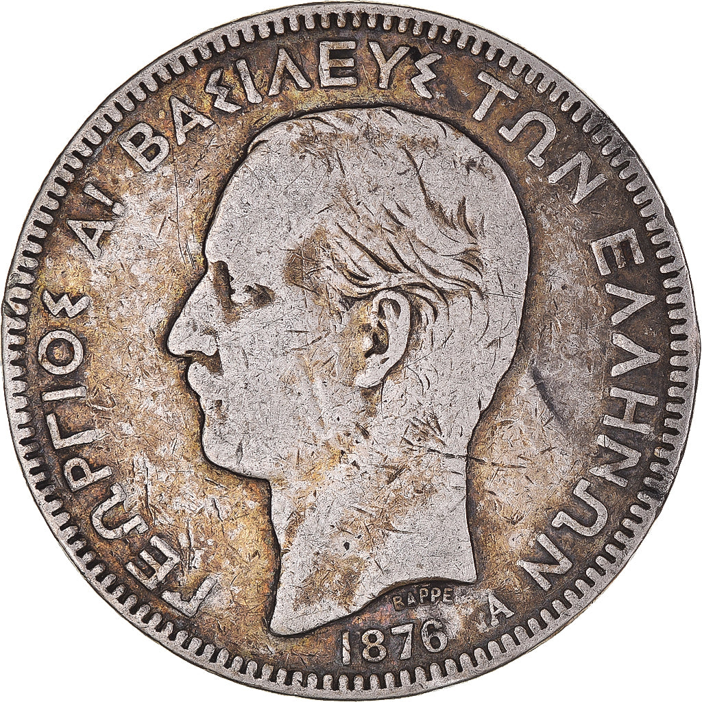 Moneta, Grecja, George I, 5 Drachmai, 1876, Paris, VF(30-35), Srebro, KM:46