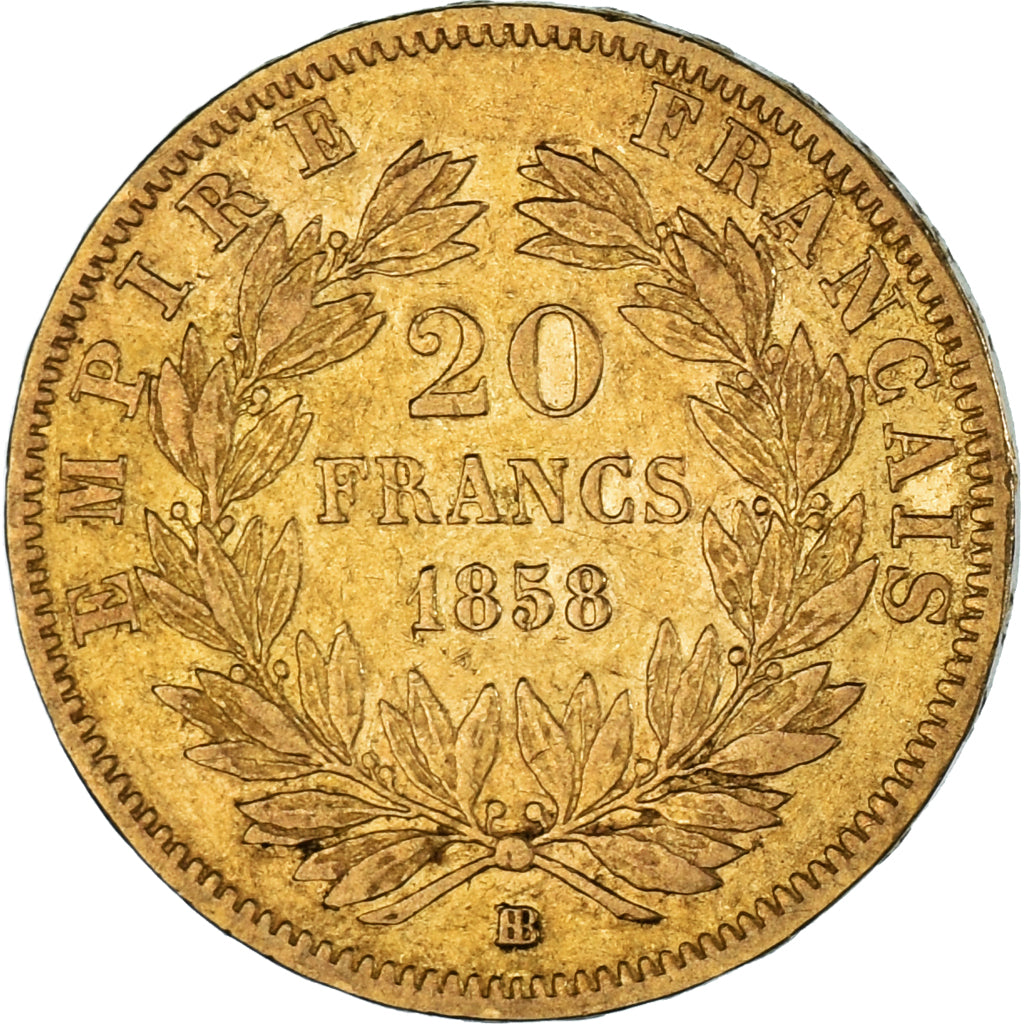 France, Napoleon III, 20 Francs, 1858, Strasbourg,EF(40-45),KM 781.2,Gadoury1061