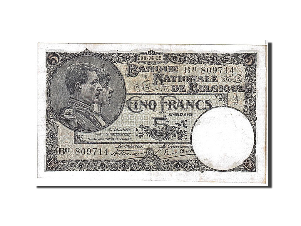 Banknote, Belgium, 5 Francs, 1922, KM:93, EF(40-45)
