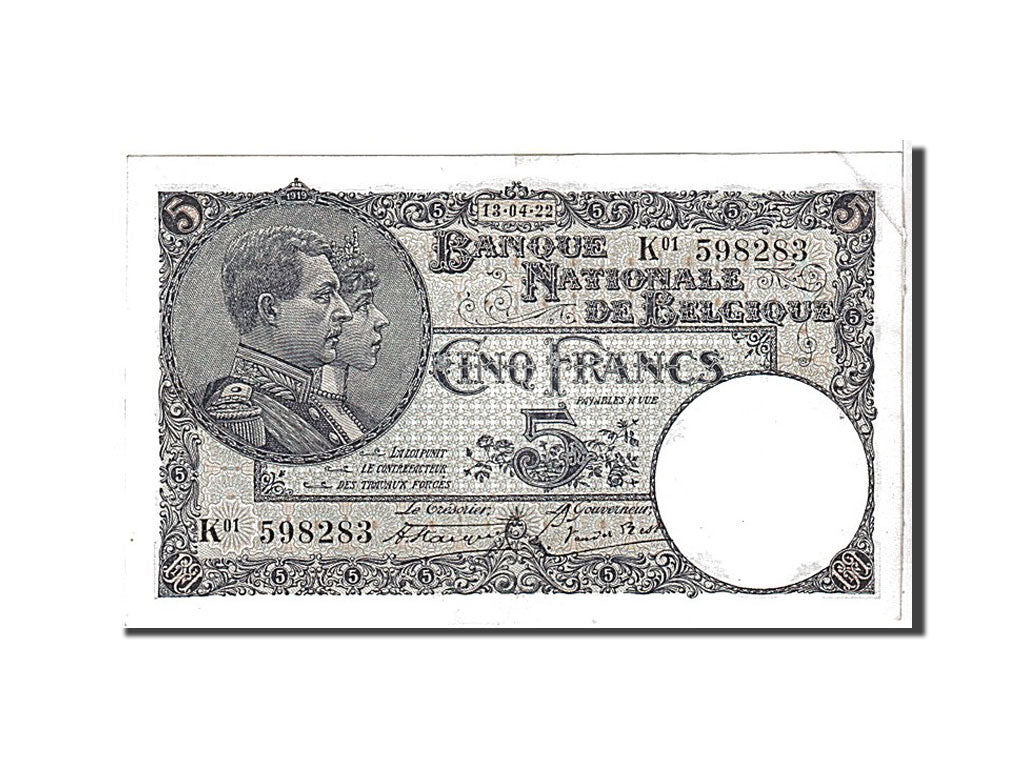 Banknot, Belgia, 5 Francs, 1922, KM:93, AU(50-53)