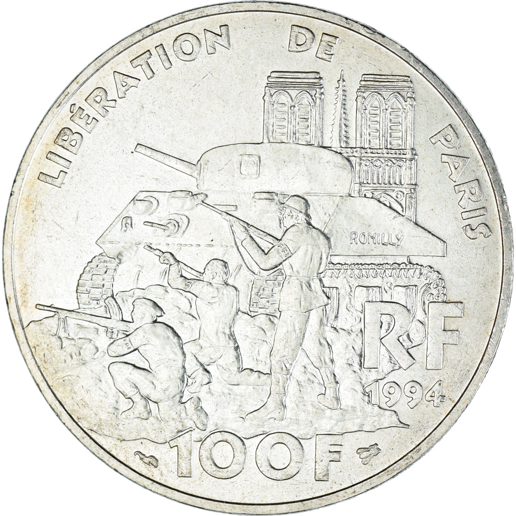 Moeda, França, Libération de Paris, 100 Francs, 1994, Paris, AU(55-58), Prata