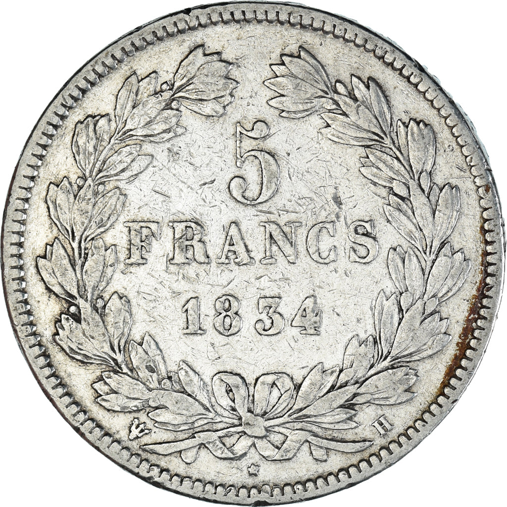 Moneda, Francia, Louis-Philippe, 5 Francs, 1834, La Rochelle, BC+, Plata