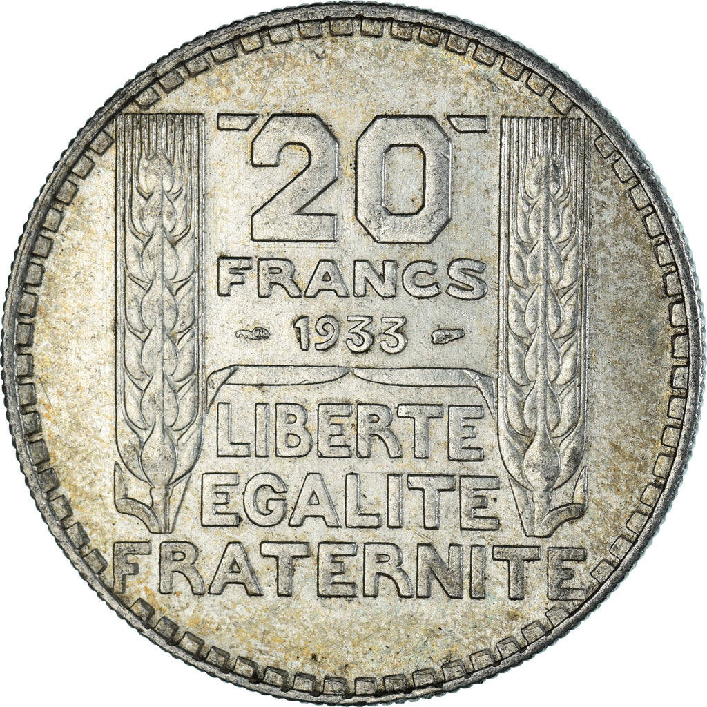 Moneda, Francia, Turin, 20 Francs, 1933, Paris, Rameaux longs, MBC, Plata
