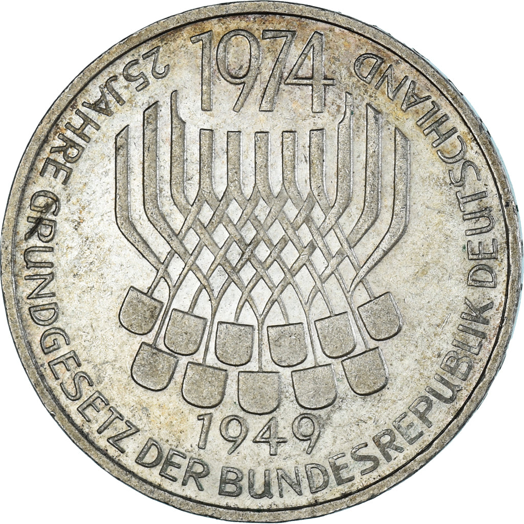 GERMANIA - REPUBBLICA FEDERALE, 5 Mark, 1974, Stuttgart, Germany, BB+, Argento