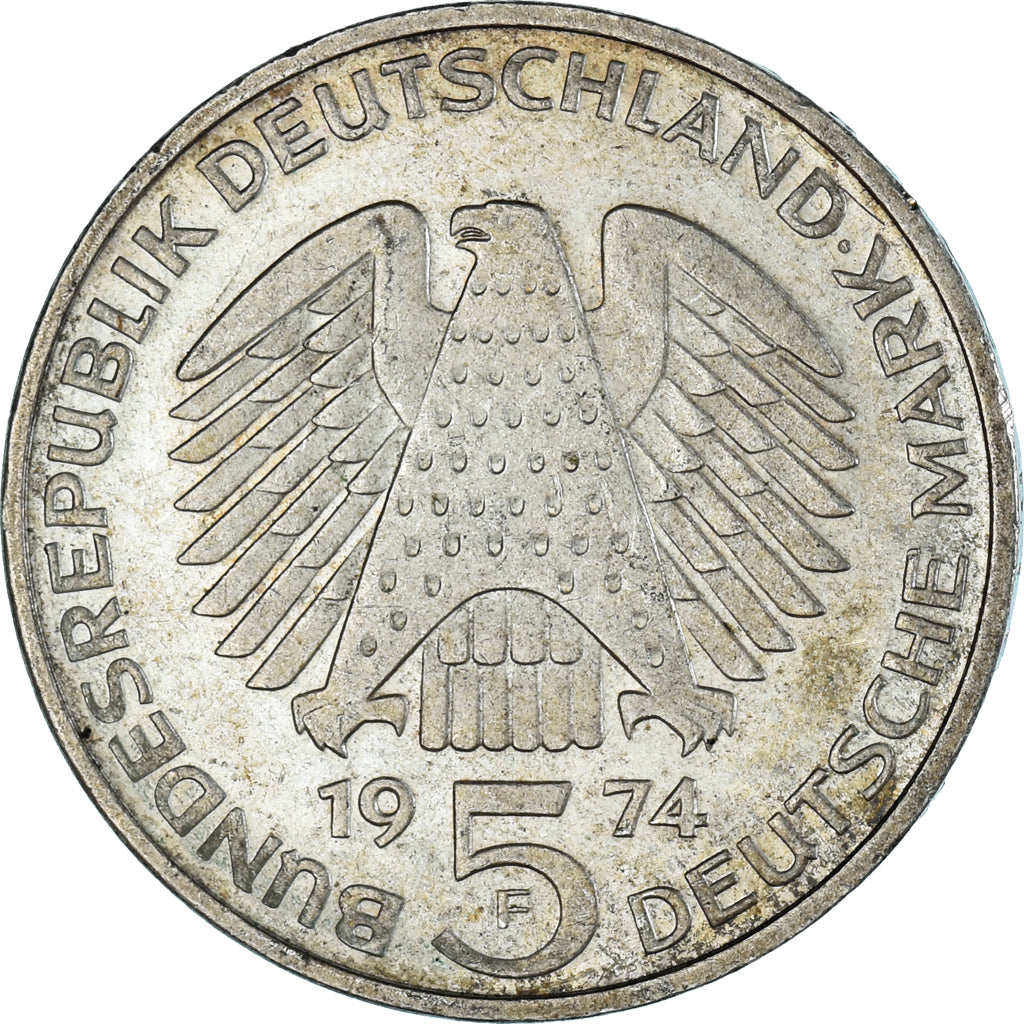 GERMANIA - REPUBBLICA FEDERALE, 5 Mark, 1974, Stuttgart, Germany, BB+, Argento