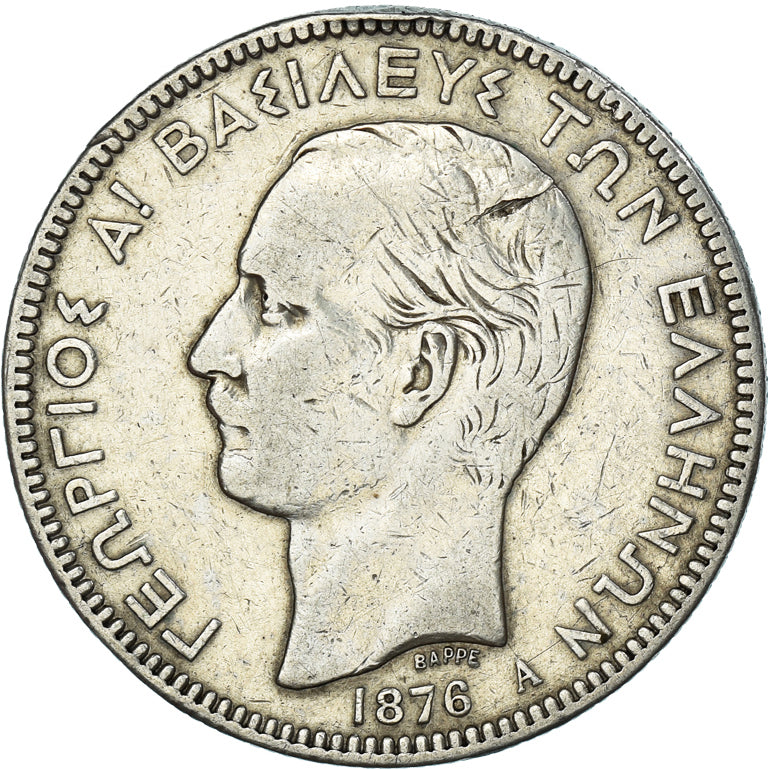 Munten, Griekenland, George I, 5 Drachmai, 1876, Paris, ZF, Zilver, KM:46