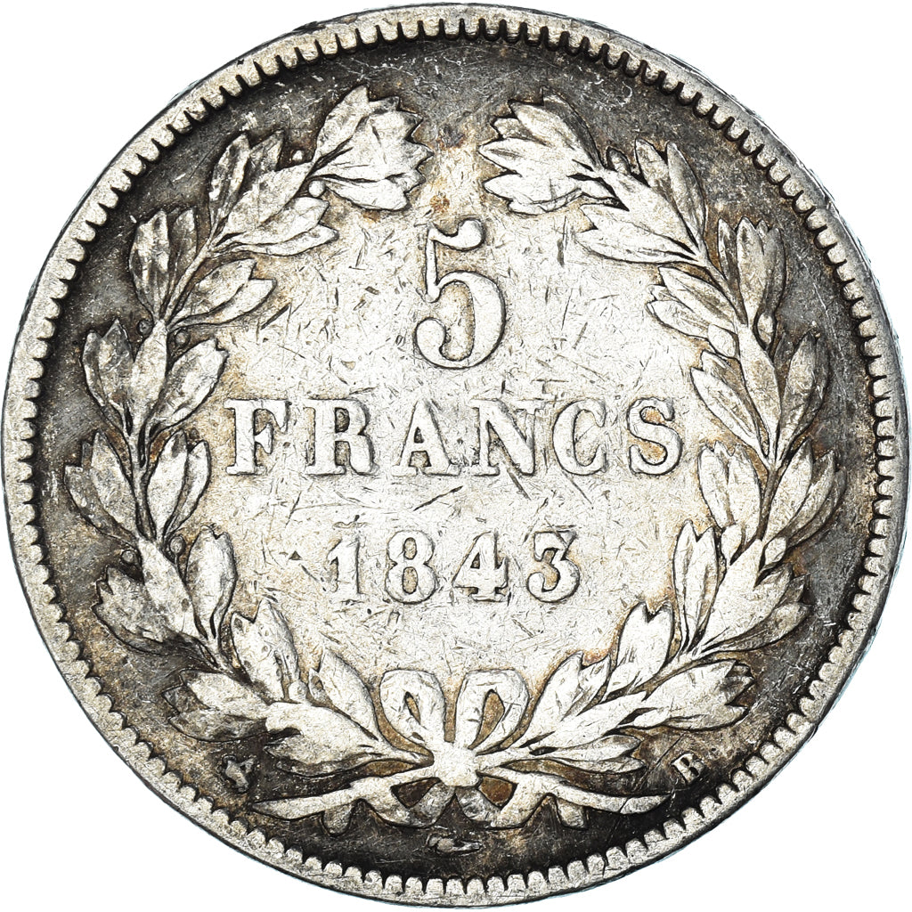 Moeda, França, Louis-Philippe, 5 Francs, 1843, Rouen, VF(20-25), Prata