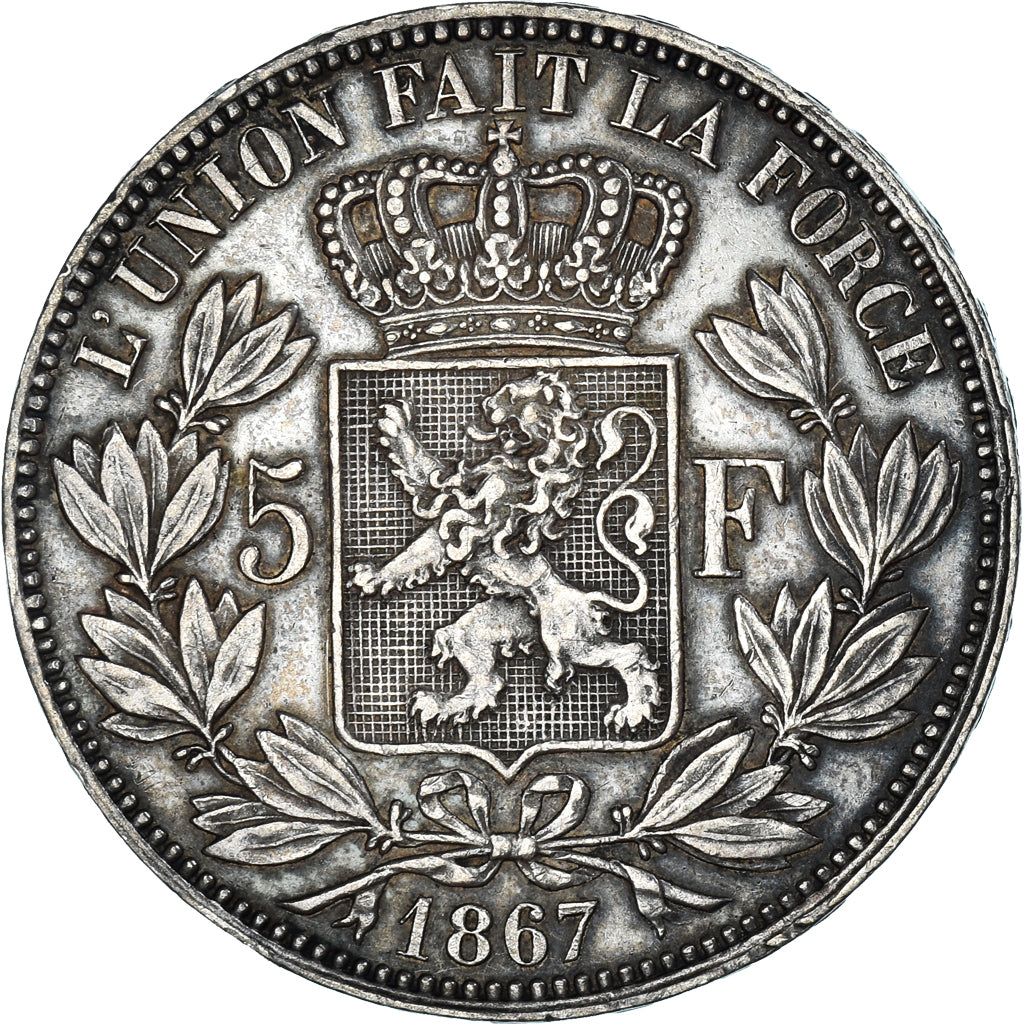 Moneda, Bélgica, Leopold II, 5 Francs, 5 Frank, 1867, MBC, Plata