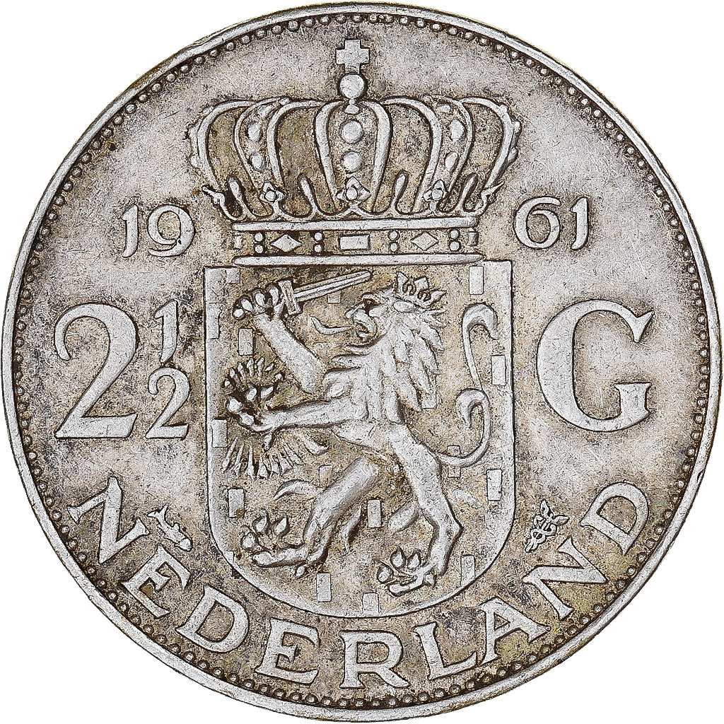 Coin, Netherlands, Juliana, 2-1/2 Gulden, 1961, EF(40-45), Silver, KM:185