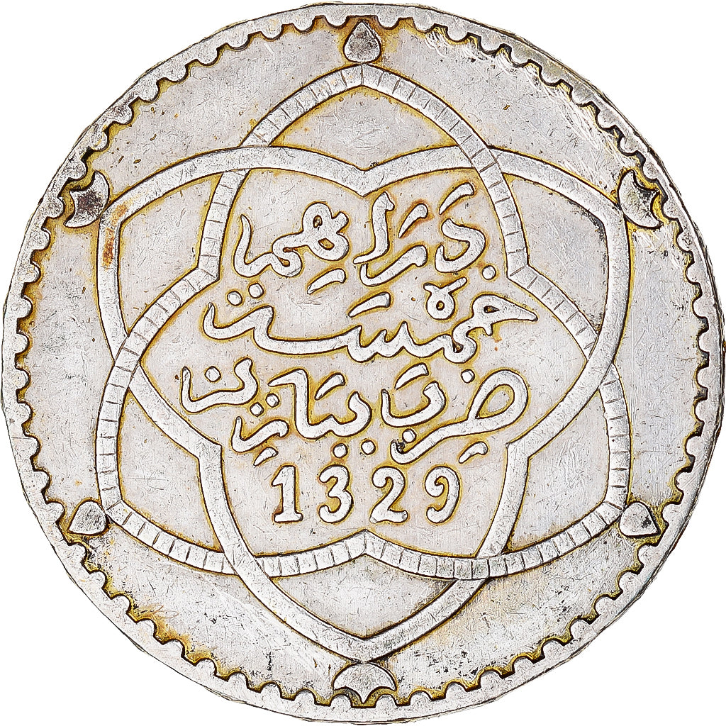 Moneta, Maroko, 'Abd al-Hafiz, 1/2 Rial, 5 Dirhams, 1911/AH1329, bi-Bariz