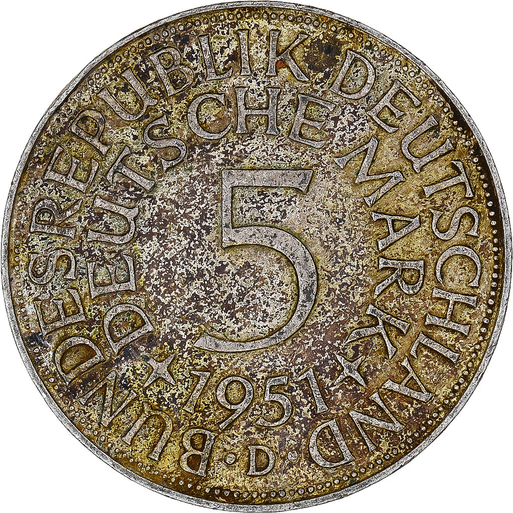 GERMANIA - REPUBBLICA FEDERALE, 5 Mark, 1951, Munich, BB, Argento, KM:112.1