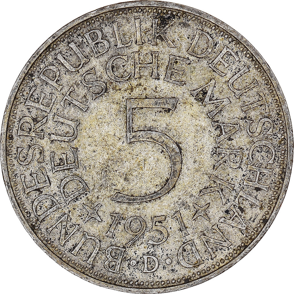 GERMANY - FEDERAL REPUBLIC, 5 Mark, 1951, Munich, EF(40-45), Silver, KM:112.1