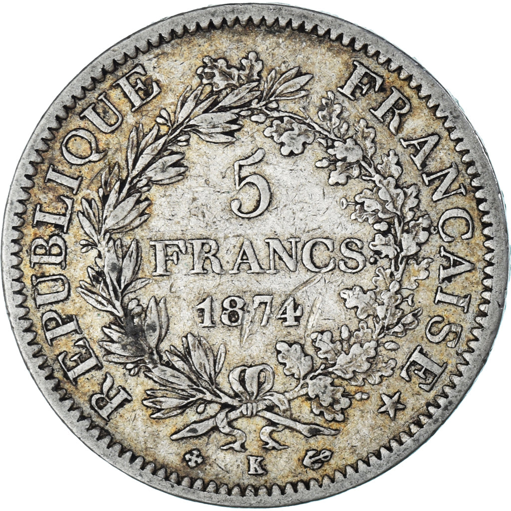 Moneda, Francia, Hercule, 5 Francs, 1874, Bordeaux, BC+, Plata, KM:820.2