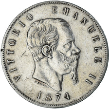 Moneda, Italia, Vittorio Emanuele II, 5 Lire, 1874, Milan, BC+, Plata, KM:8.3