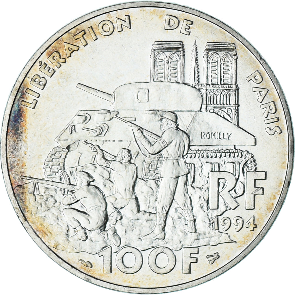Moneta, Francja, Libération de Paris, 100 Francs, 1994, AU(55-58), Srebro