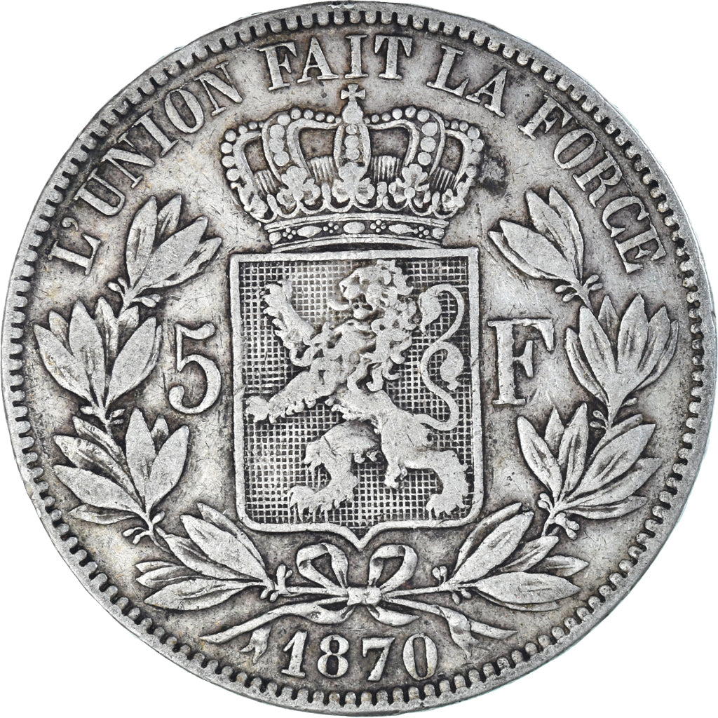 Moneta, Belgia, Leopold II, 5 Francs, 5 Frank, 1870, Brussels, VF(30-35)