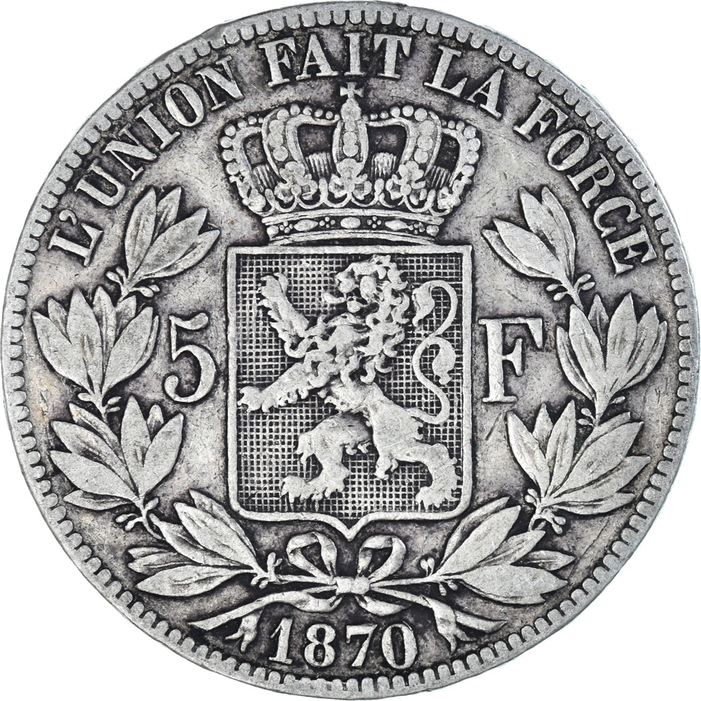 Coin, Belgium, Leopold II, 5 Francs, 5 Frank, 1870, Brussels, VF(30-35), Silver