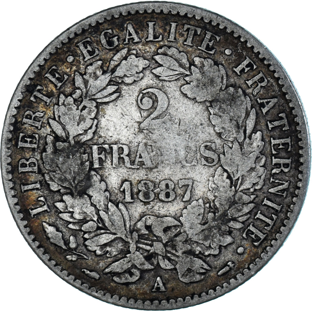 Moneta, Francia, Cérès, 2 Francs, 1887, Paris, MB+, Argento, KM:817.1