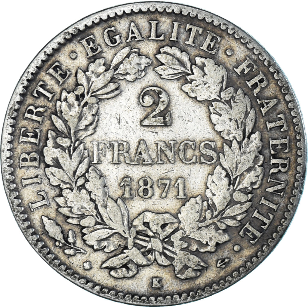 Moneta, Francja, Cérès, 2 Francs, 1871, Bordeaux, VF(30-35), Srebro, KM:817.2