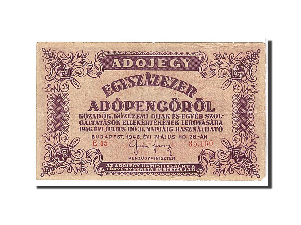 Banconote, Ungheria, 100,000 (Egyszázezer) Adópengö, 1946, KM:144a, BB