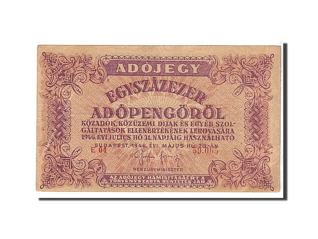 Banknote, Hungary, 100,000 (Egyszázezer) Adópengö, 1946, EF(40-45)