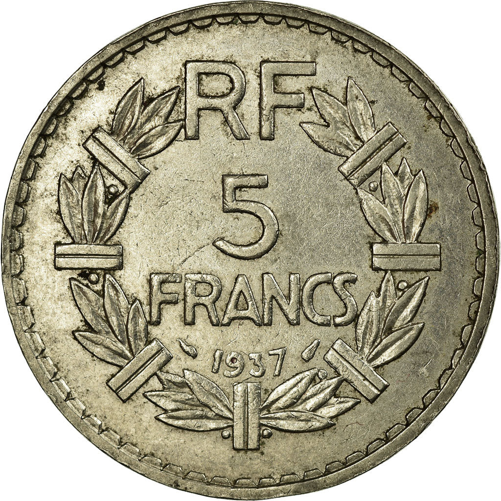 Moneda, Francia, Lavrillier, 5 Francs, 1937, Paris, BC+, Níquel, Gadoury:760