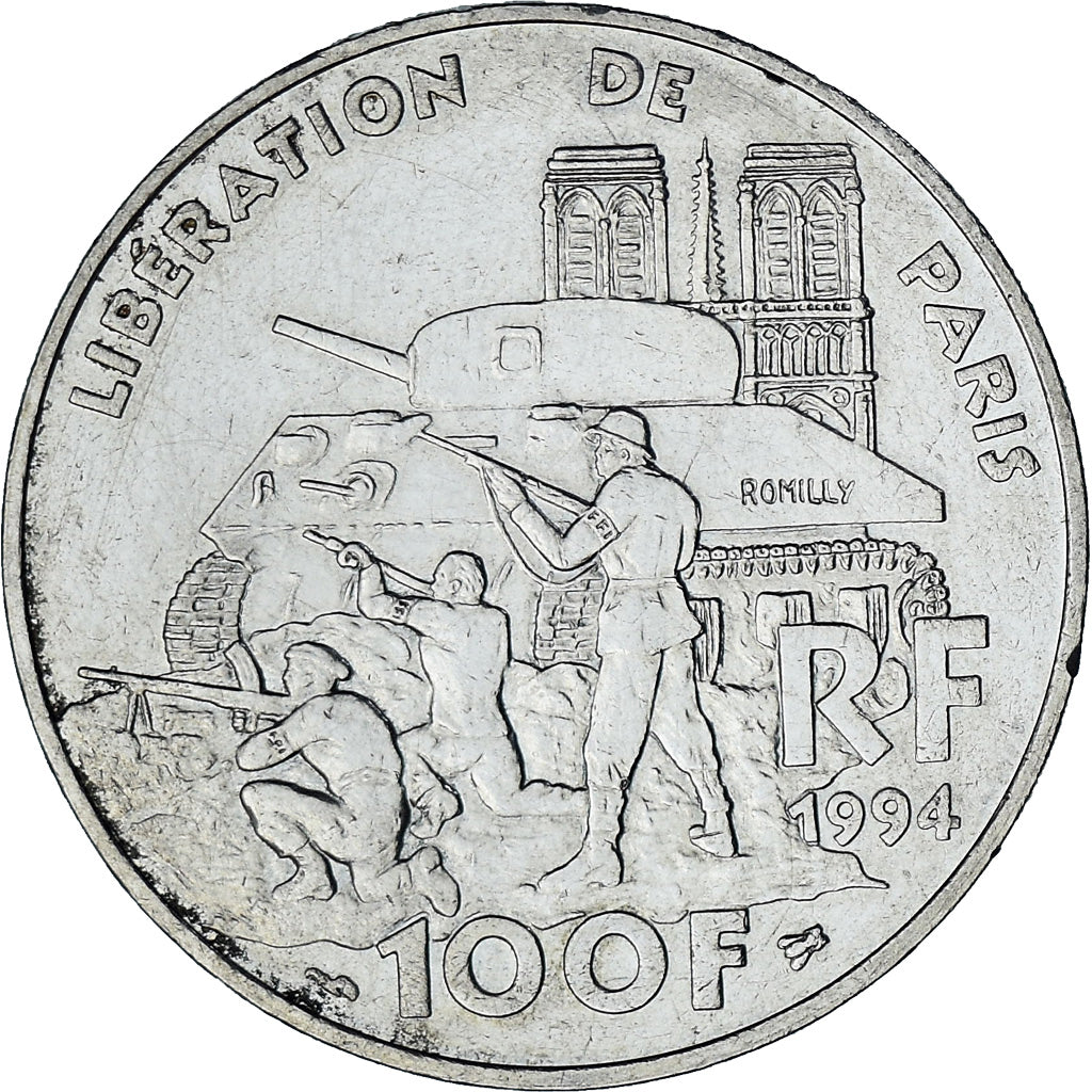 Moneta, Francja, Libération de Paris, 100 Francs, 1994, EF(40-45), Srebro
