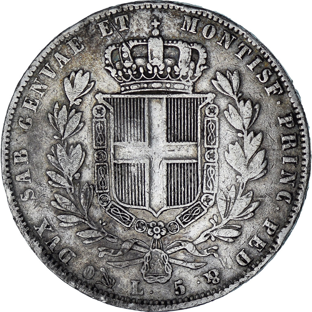 Italiaanse staten, SARDINIA, Carlo Alberto, 5 Lire, 1843, Genoa, FR+, Zilver