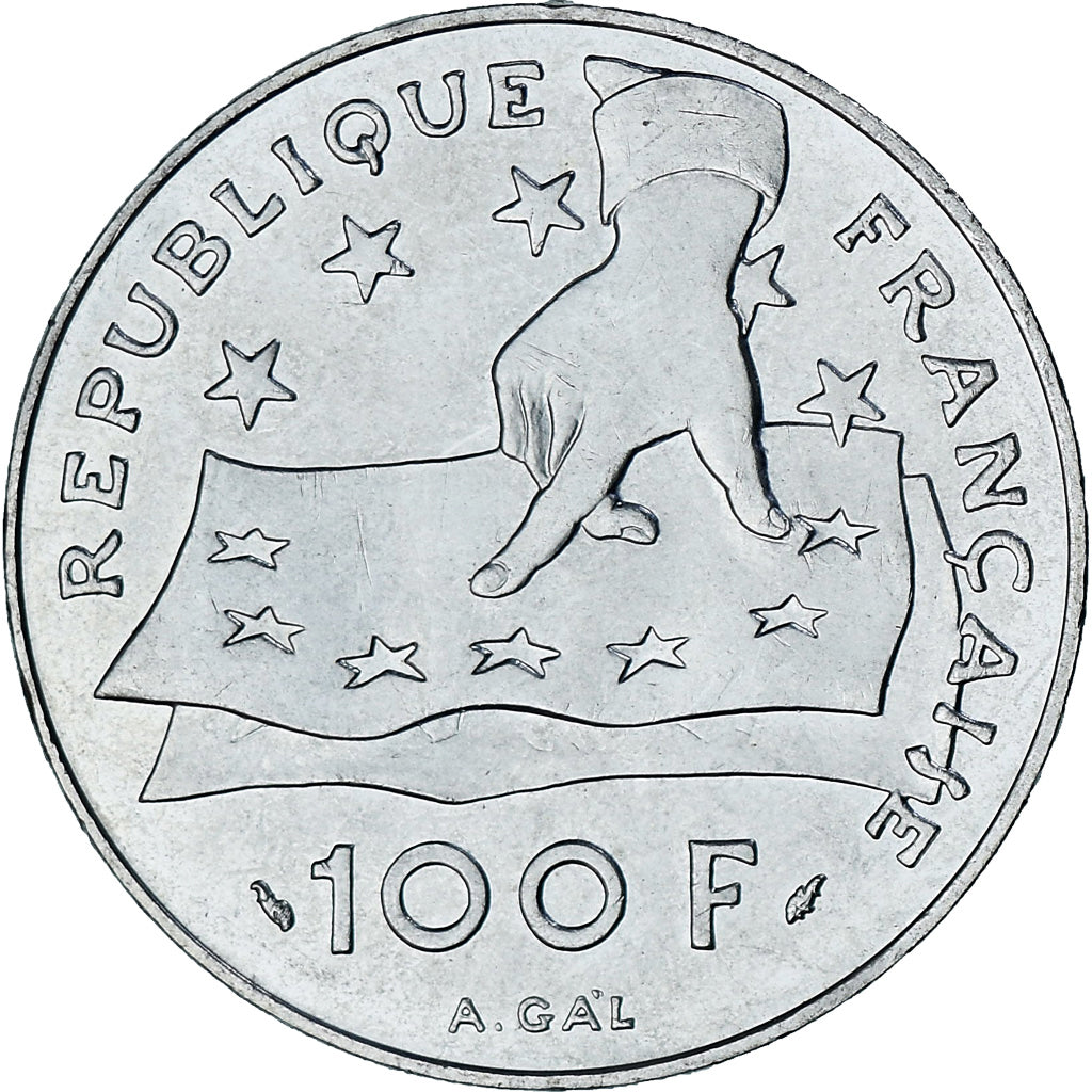 Moneta, Francja, Descartes, 100 Francs, 1991, Paris, MS(60-62), Srebro, KM:996