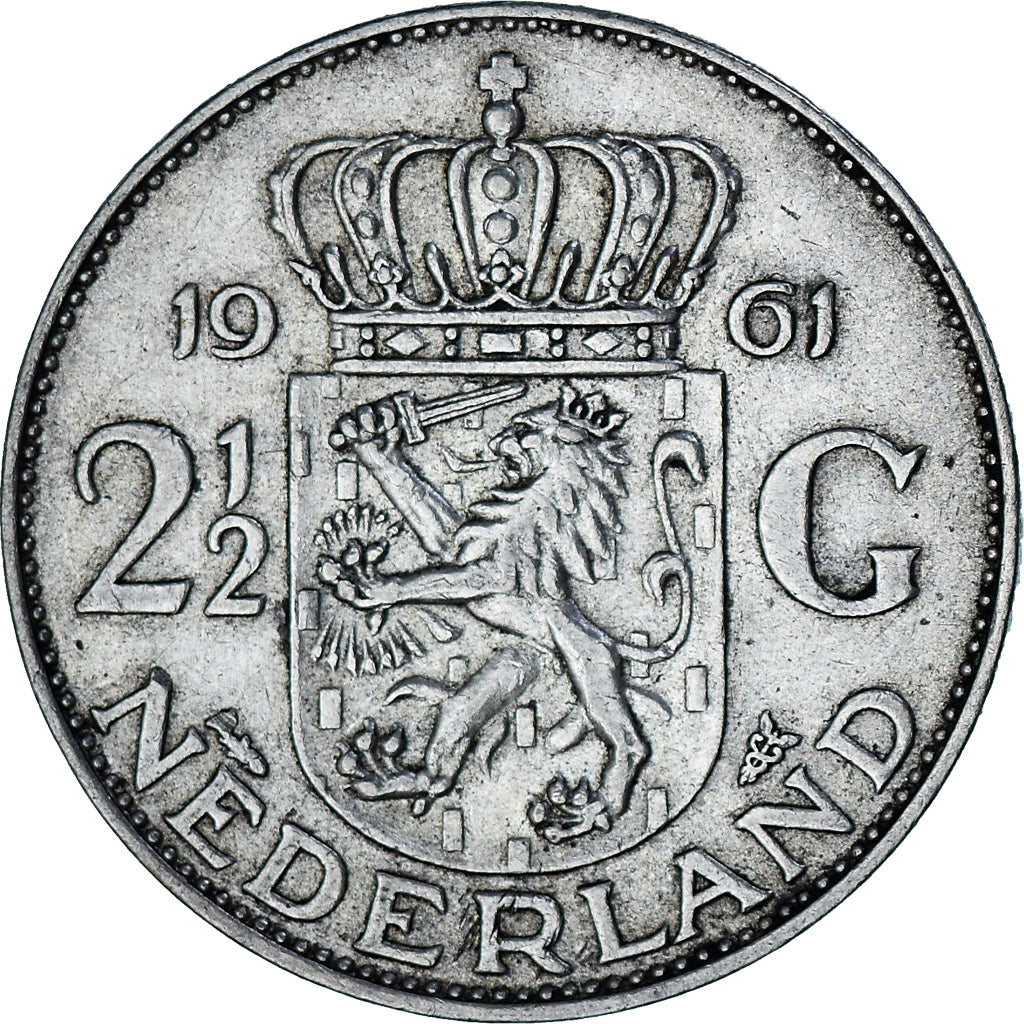 Coin, Netherlands, Juliana, 2-1/2 Gulden, 1961, EF(40-45), Silver, KM:185