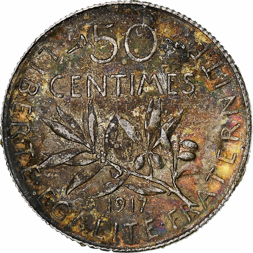 Munten, Frankrijk, Semeuse, 50 Centimes, 1917, Paris, ZF+, Zilver, KM:854