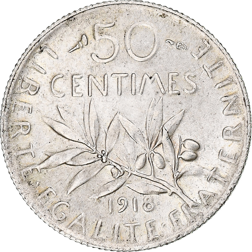 Munten, Frankrijk, Semeuse, 50 Centimes, 1918, Paris, ZF+, Zilver, KM:854